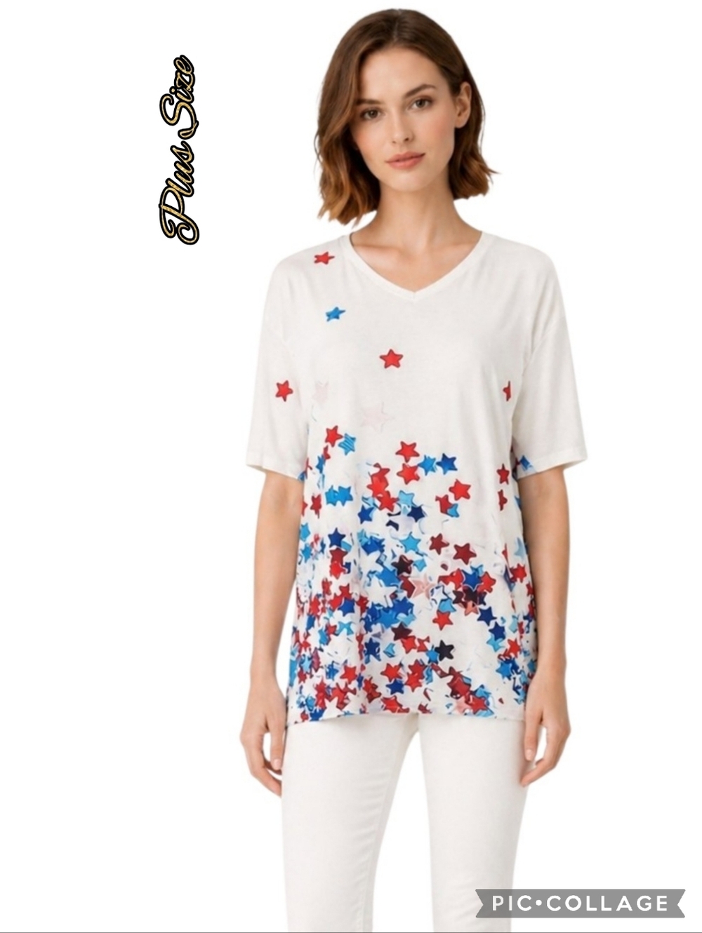 Patriotic white v-neck red white & blue star print soft fabric women’s top
